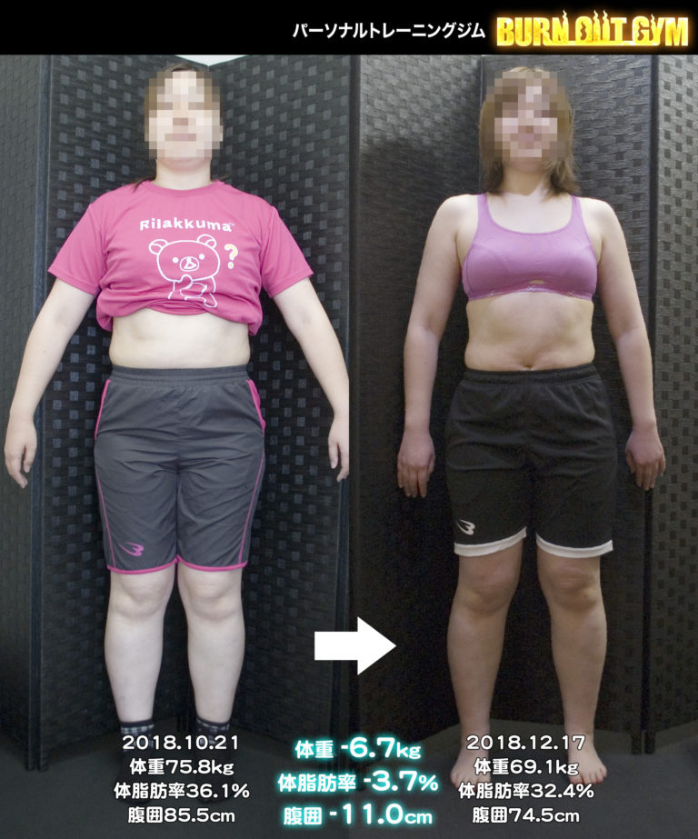 30代女性 160cm代の方のビフォーアフター パーソナルトレーニング・ダイエットジム BURN OUT GYM